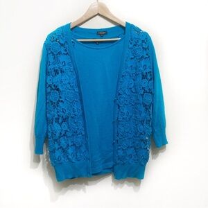 Escada Lace Front Cardigan Size Large Blue Lagoon Cotton 3/4 Sleeve